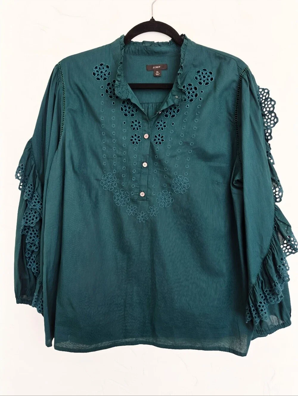 J. Crew Eyelet Ruffle Embroidered Emerald Green Top, XL